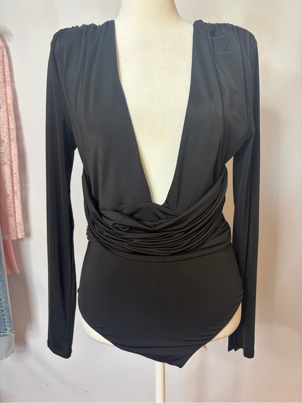 Lovers + Friends Black Deep Plunge Long Sleeve Bodysuit